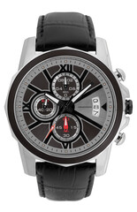 Stainless steel Men wrist watch with leather watchband on white background
