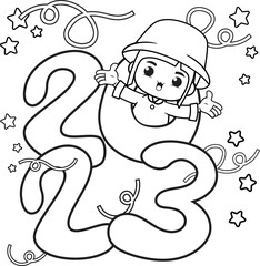 Happy new year coloring book with cute girl