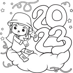 Happy new year coloring book with cute girl