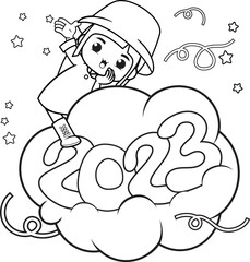 Happy new year coloring book with cute girl