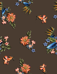Fototapeta na wymiar Seamless Flowers and Leaves Design on Colored Background, Ready for Textile Prints.