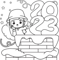 Happy new year coloring book with cute girl