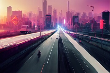 neon and glowing traffic at night in futuristic city