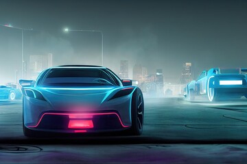 Naklejka premium background with futuristic neon cars, super fast modern car concept