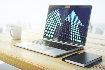 Creative abstract upward arrows hologram on modern computer monitor, leadership and motivation concept. 3D Rendering