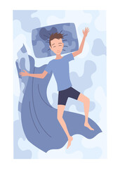 Sleep people on bed. Character lying posture during night slumber. Top view asleep boy at bedroom. Male night dream position