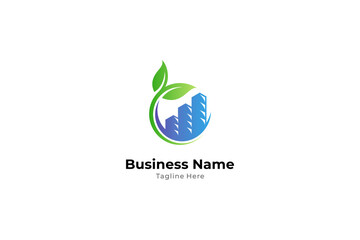 City building silhouette logo with natural combination of leaves