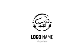 Obraz premium Chef logo with spoon and fork combination in black flat design