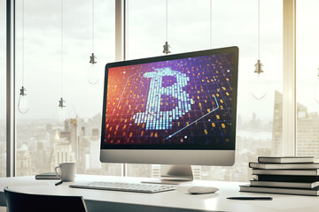 Modern computer monitor with creative Bitcoin symbol. Cryptocurrency concept. 3D Rendering