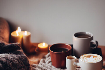 Obraz na płótnie Canvas Hygge background, cozy, room, comfort Hot coffee warm blanket garland Swedish Hygge 