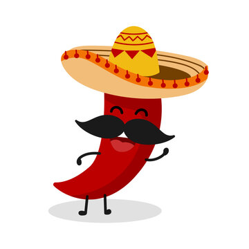 Cheerful red pepper in a sombrero with a mustache. Hand-drawn, vector illustration. mexican culture