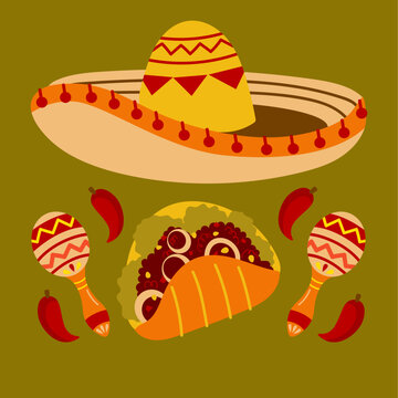 Mexican culture elements, sombrero, maracas, taco, pepper