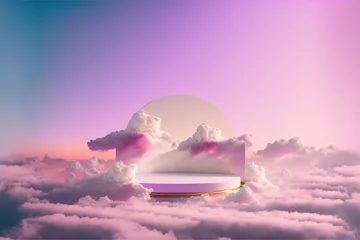 Raamstickers Abstract, elegant podium and product pedestal, fairytale landscape. Pastel purple, pink soft clouds background. 3D Illustration. © Uncanny Valley