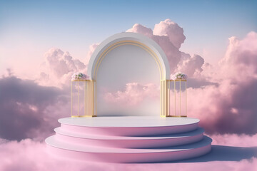 Abstract, elegant podium and product pedestal, fairytale landscape. Pastel purple, pink soft clouds background. 3D Illustration. - obrazy, fototapety, plakaty