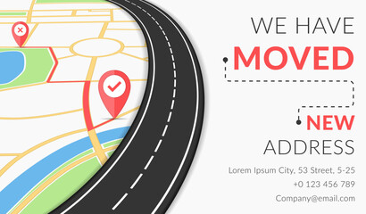 We have moved concept with map, road map pins