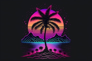 Cyberpunk futuristic Illustration of big tree from the future and the sun goes down with neon cyber lights. Party poster. Dark, black background.