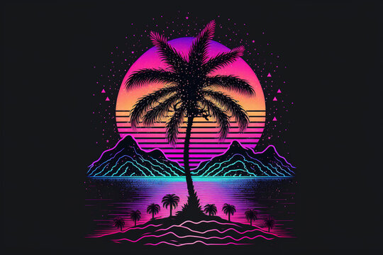 Cyberpunk futuristic Illustration of big tree from the future and the sun goes down with neon cyber lights. Party poster. Dark, black background.