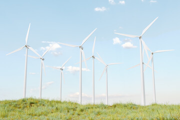 several wind turbines on a green field. 3D render