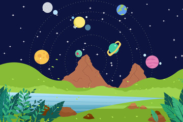 landscape icon with all planets in universe. Mountain peaks with stars and planets. vector illustration.
