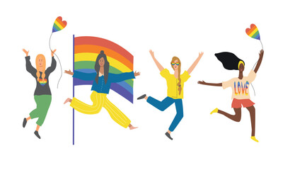 LGBT people vector illustration. Cartoon flat happy homosexual people. Gay and lesbian lover characters in romantic love relationship celebrating LGBT pride month isolated.