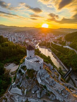 Aerial vertical of the city of Uzice in Zlatibor, Serbia during sunset