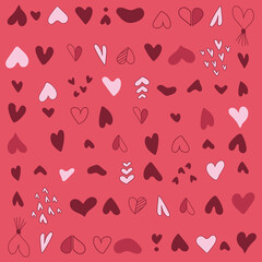 Pink hearts are small and cute on pink background. Hearts seamless pattern. Ready template for design, postcard, print, poster, party.