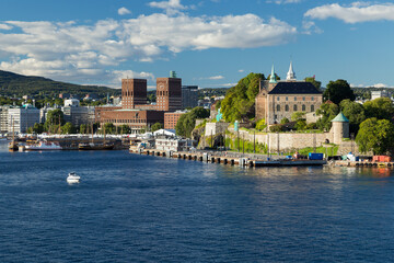 Akershus Fortress and the townhall of Oslo in background seen from the waterside