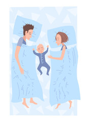 Sleep people on bed. Character lying posture during night slumber. Top view asleep couple with baby at bedroom. Female and male night dream position