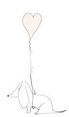 Illustration of a silhouette of  a Dachshund dog,  card celebration, funny time. Puppy and a heart balloon. 