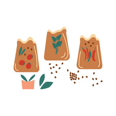 Packs of seeds. Fertilizer organic bag. Set of pack of vegetable seeds for decor, banner, print. Concept of healthy eating, springtime gardening, farming. Vector illustrations in flat style.