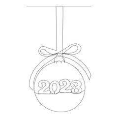new year ball and 2023 sketch, continuous line drawing, vector