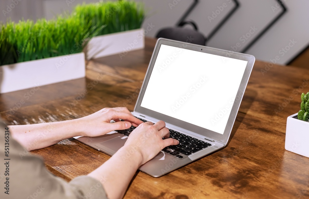 Poster Laptop mockup, hands typing on computer keyboard, PC with white screen for web ad, presentation