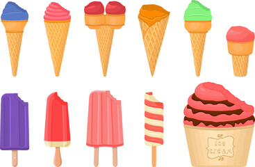big kit ice cream popsicle different types in cone waffle cup