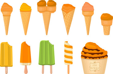 big kit ice cream popsicle different types in cone waffle cup