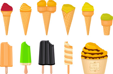 big kit ice cream popsicle different types in cone waffle cup