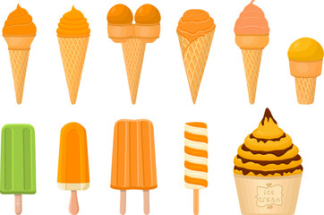 big kit ice cream popsicle different types in cone waffle cup