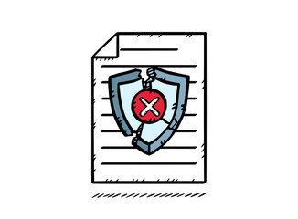 Document with cracked antivirus shield. The shield has a red x-stamp. Hand-drawn graphic.