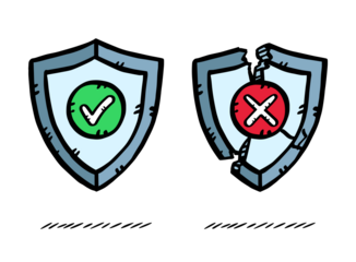 Illustration of two antivirus shields. One shield depicts an effective defense, the other is shattered.