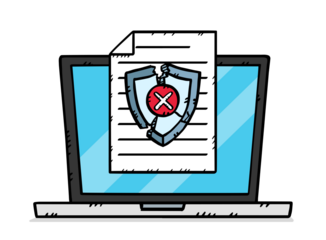 A hand-drawn illustratio depicting a laptop along with a document with fail antivirus protection. Color hand drawn illustration. The antivirus shield is shattered.