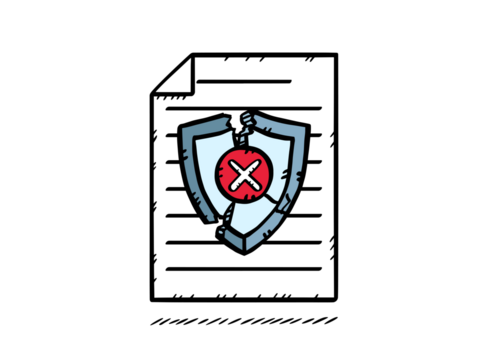 Document with cracked antivirus shield. The shield has a red x-stamp. Hand-drawn graphic.