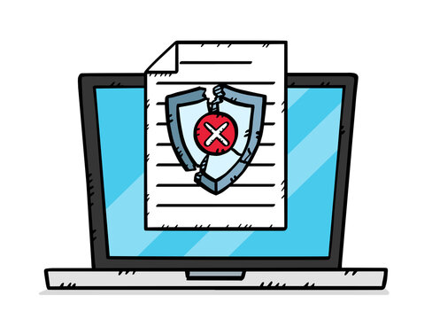 A hand-drawn illustratio depicting a laptop along with a document with fail antivirus protection. Color hand drawn illustration. The antivirus shield is shattered.