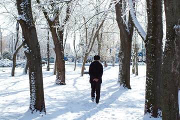 Fototapeta na wymiar A man in a black coat walks among snow-covered trees, people in a park in a snowfall