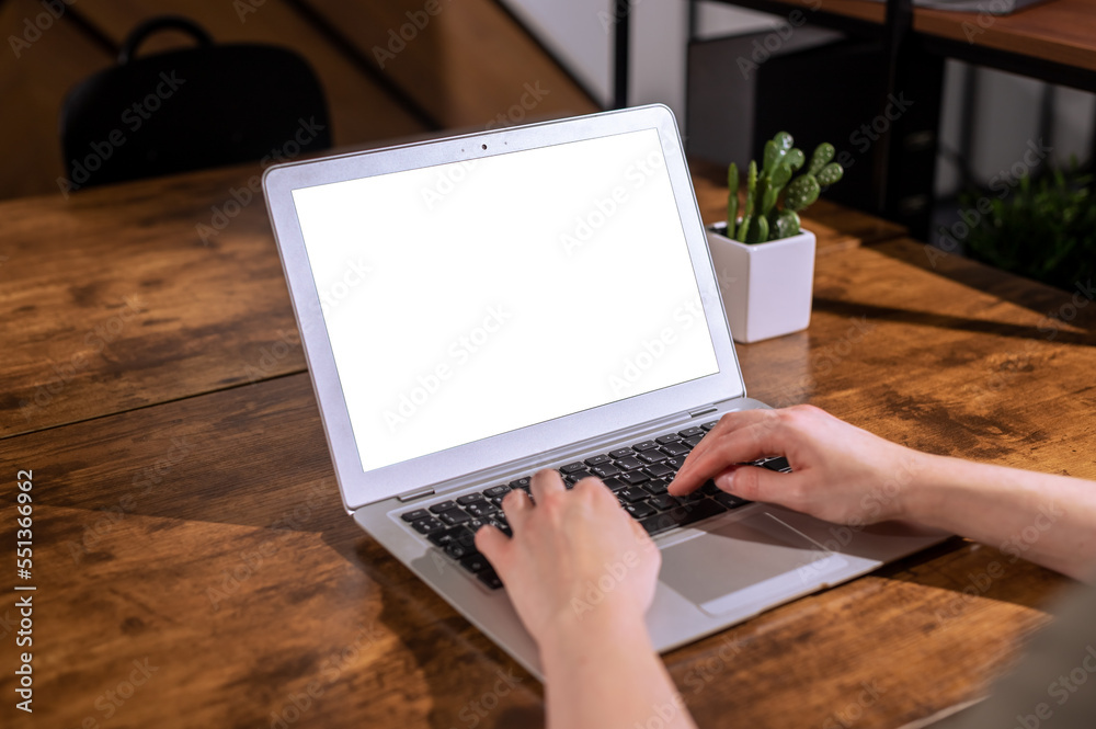 Poster Laptop screen mockup, hands typing on computer keyboard, PC with white blank display for web site ad. Office desk