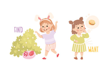 Little Girl Finding Eggs and Wanting Hamburger Demonstrating Vocabulary and Verb Vector Set