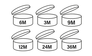 Obraz premium PAO vector icons of cosmetic open months expiration date, expiration date months PAO symbol set. Vector illustration