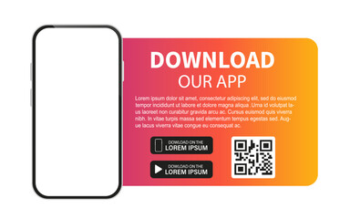 Download our app banner ad. Application for mobile phones. Phone mockup template for your QR code digital technology app. Vector illustration