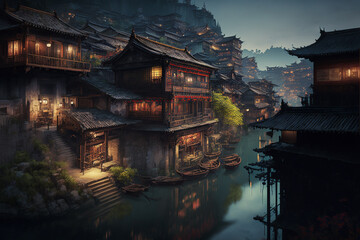 Obraz premium illustration ancient cityscape inspire from Fenghuan ancient town, China