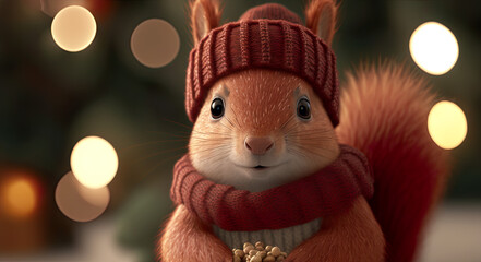 Fototapeta premium Red squirrel with warm clothes and a Christmas bokeh background, cute squirrel, squirrel holds small xmas decoration, cute, greetings, card, season, winter, illustration, digital