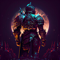 Naklejka premium Warrior in Fantasy Armor, Back View with Moon, AI