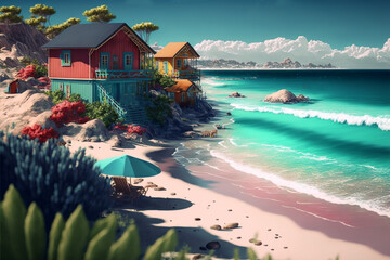 beautiful illustration coastal seascape , beach view with nobody - obrazy, fototapety, plakaty